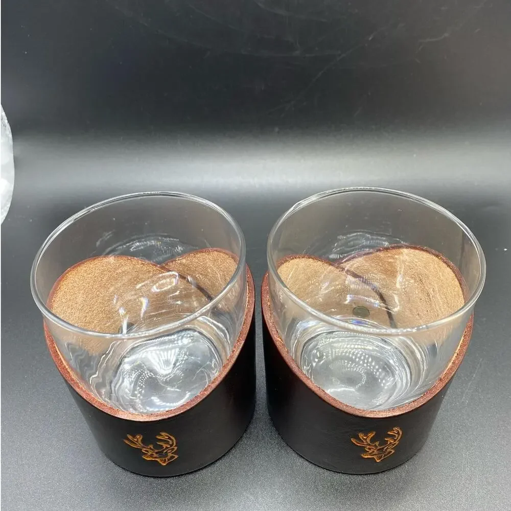 Pair of leather wrapped‎ whiskey glasses Buck design whiskey lover